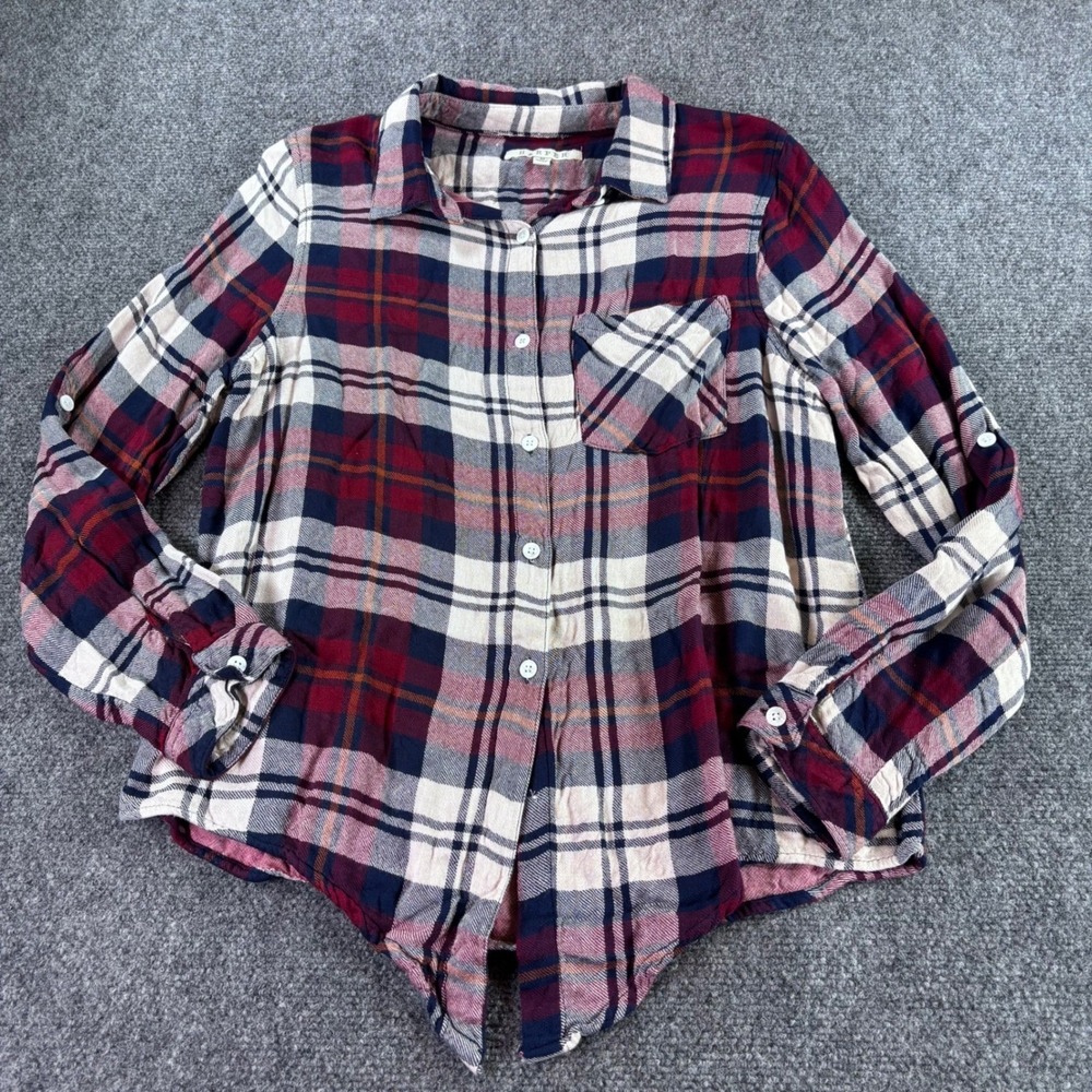 Harper Button Down Shirt Women's Medium Burgundy Navy Plaid Tie Front Rayon